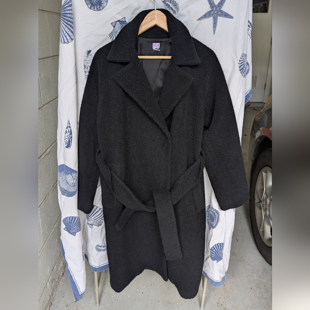Theory Black Boucle Belted Wrap Coat Size P